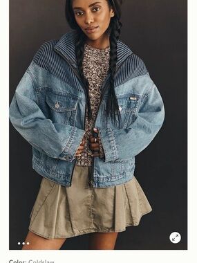 MOTHER Light Blue Denim Jean Jacket with Navy Striped Yoke